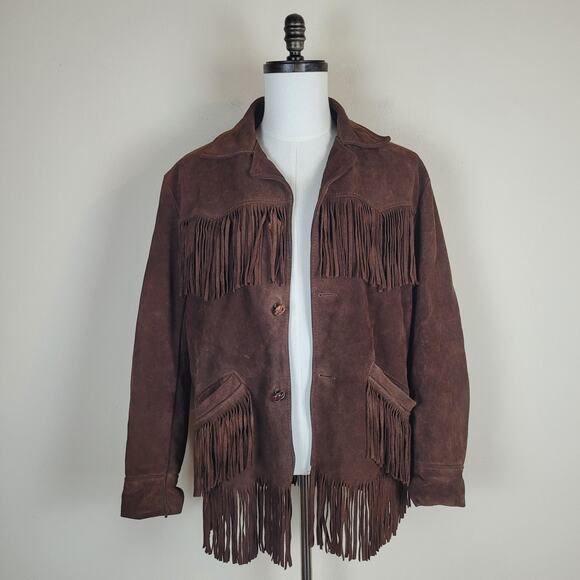 VTG Sears Western Wear Jacket 42 Brown Suede Fringe Sherpa Ranch 60s 70s Lined